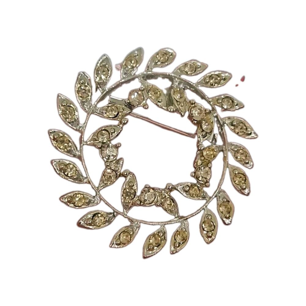 Vintage Coro Rhinestone Wreath Brooch Pin Yellow Topaz Mid Century Signed Retro